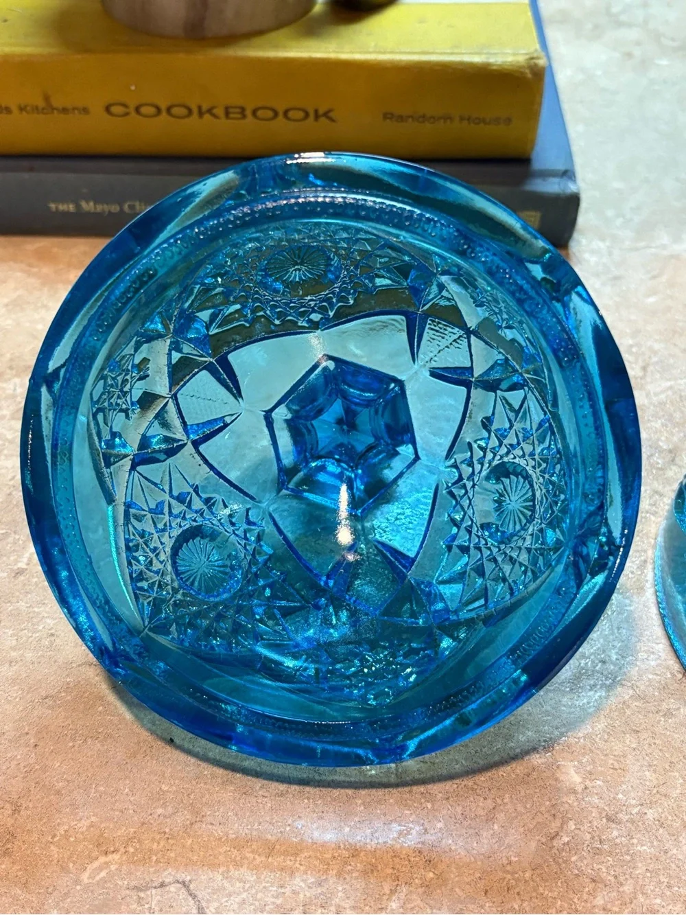 Kemple Glass Aqua Blue Hobstar & Fan Round Pedestal Compote Candy Dish w/ Lid